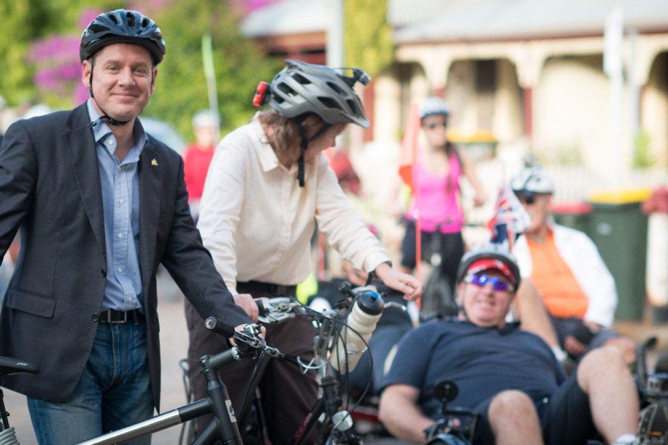 Lord Mayor Stephen Yarwood at the opening of the Frome Street bikeway this year. Photo: Nat Rogers/InDaily