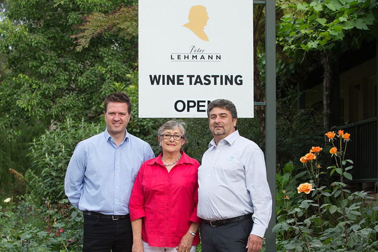 Peter Lehmann Wines CEO Jeff Bond with Margaret Lehmann and Casella Family Brands MD John Casella. Photo: Supplied
