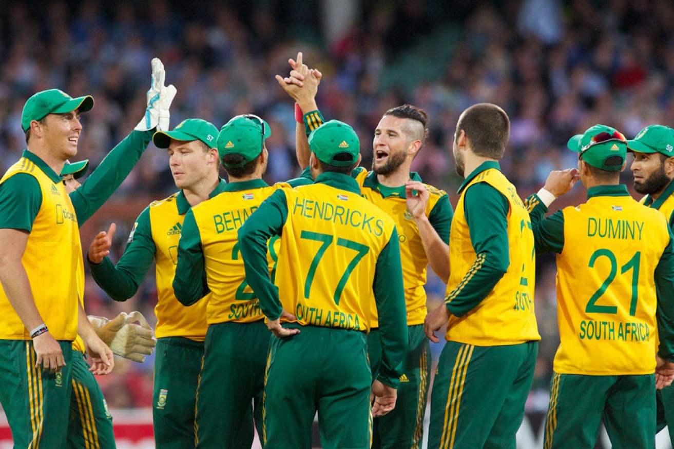 The South Africans celebrate a Parnell wicket. Photo: Michael Errey