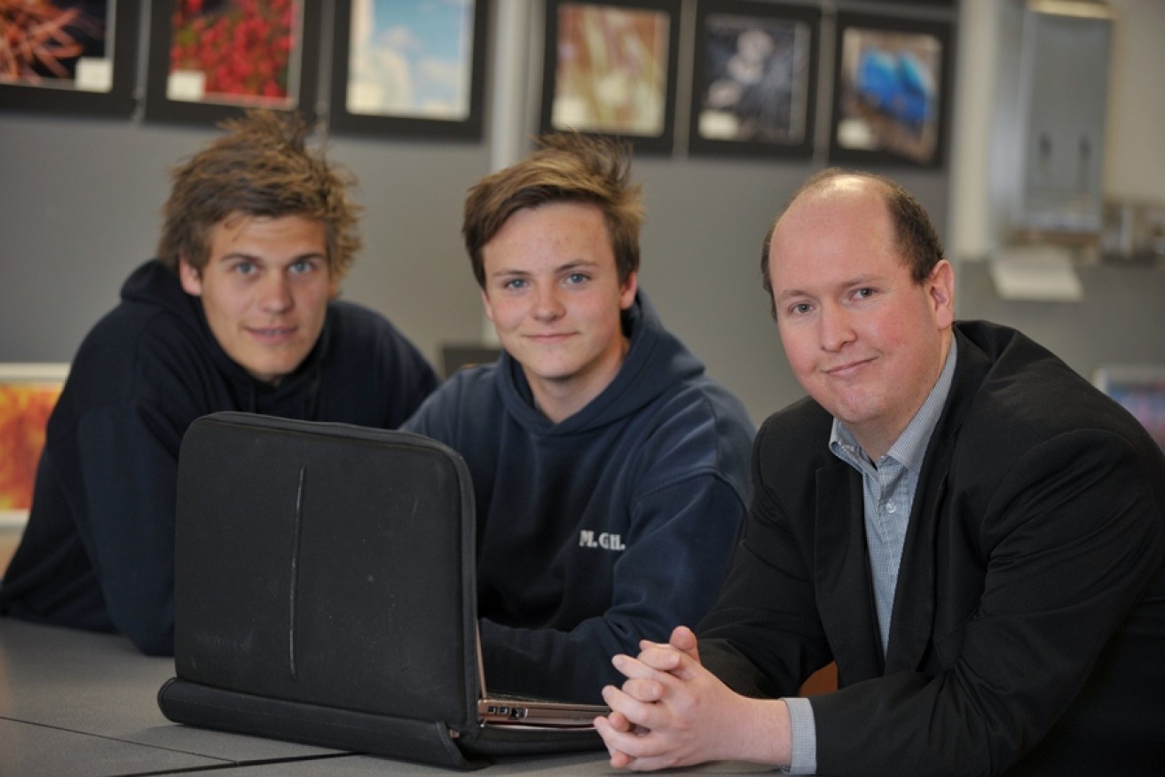 (L-R): Mt Gambier High School students Blair Humphries and Matt McInerney with Ben Heathcote, SA's Secondary School Teacher of the Year.