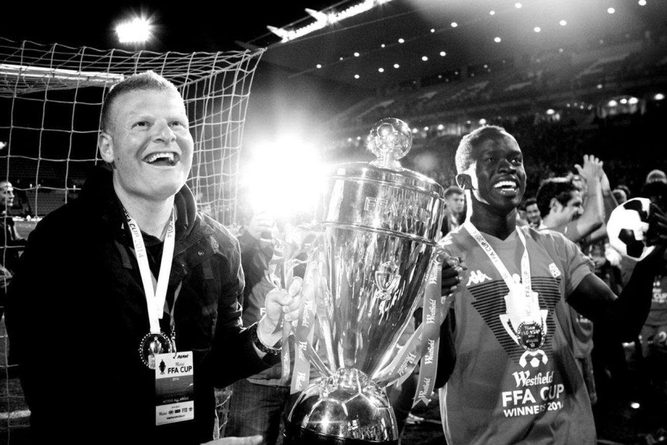 Josep Gombau and Awer Mabil with the Cup. Photo: Ryan Schembri/InDaily