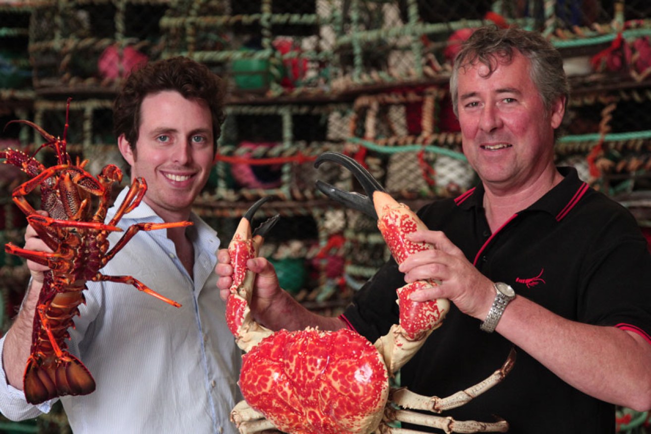 Andrew Ferguson (right) in Ferguson Australia’s Kangaroo Island facility with visiting German fish industry executive Anton Faber-Castell.
