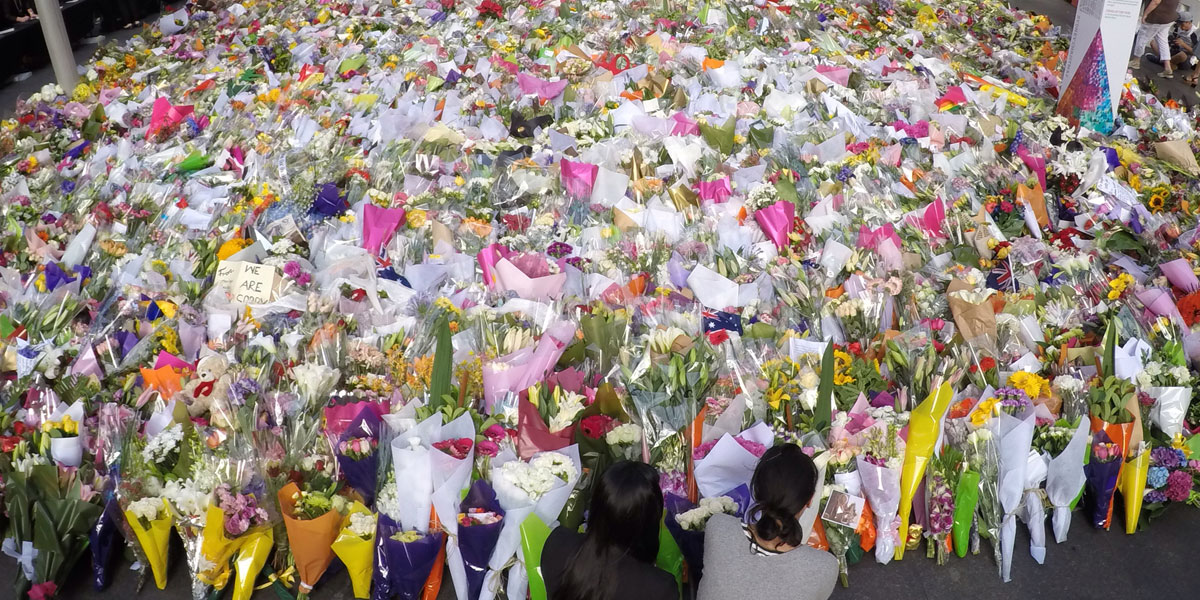 A huge number of bouquets have been left near the scene of the Martin Place siege. AAP image