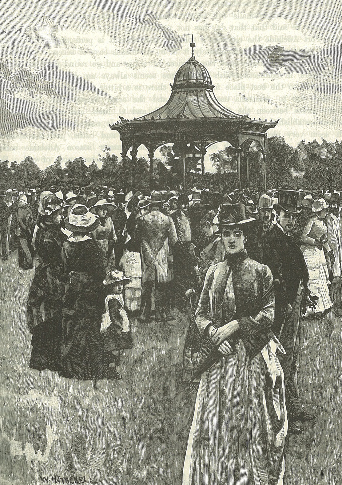 Typical public crowd attending a concert at the Rotunda c.1888 (Cassell’s Picturesque Australasia).