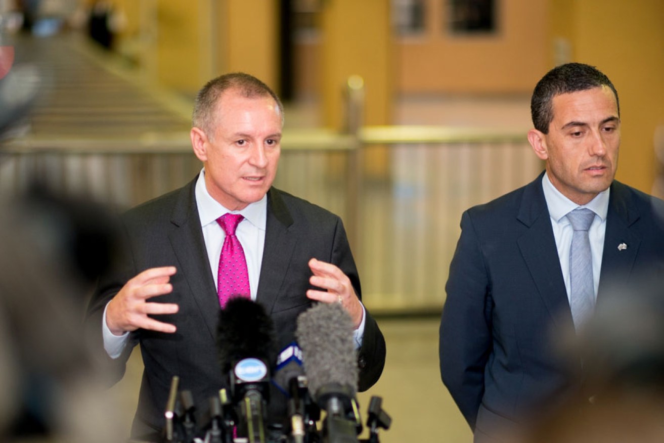 Jay Weatherill and Tom Koutsantonis led the boosters for the Gillman decision. Photo: Nat Rogers/InDaily