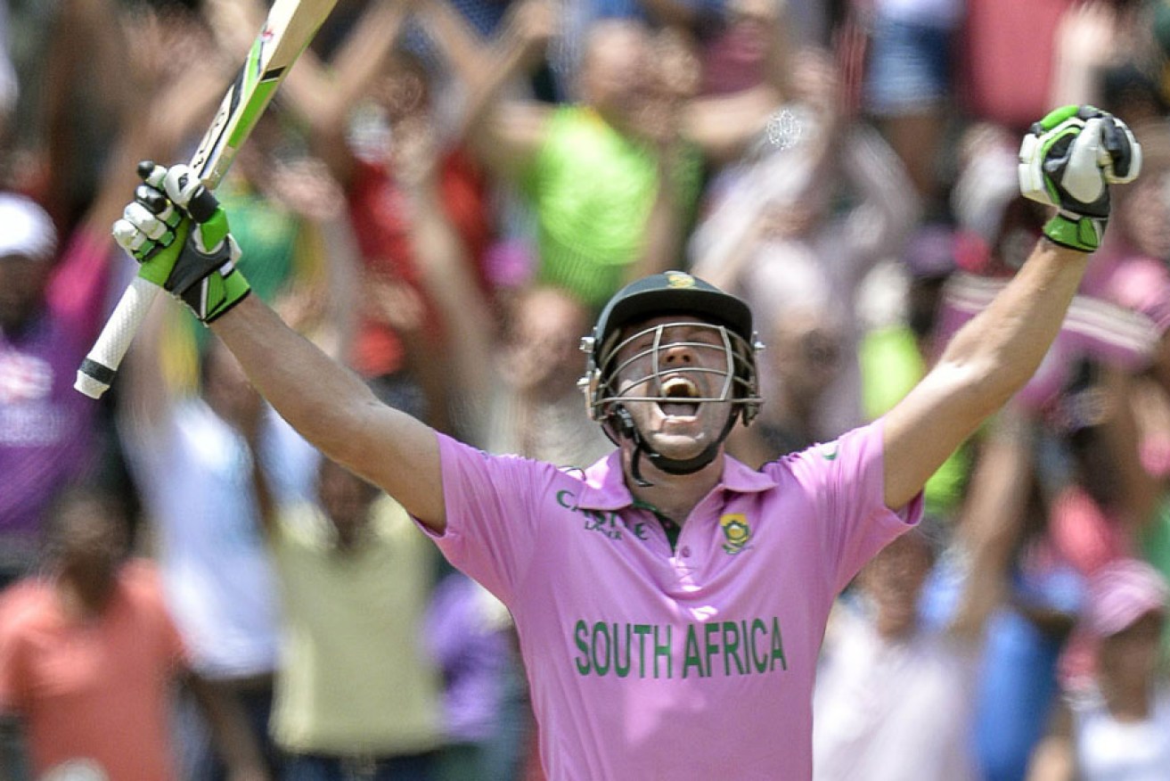 AB de Villiers celebrates his record-breaking century. 