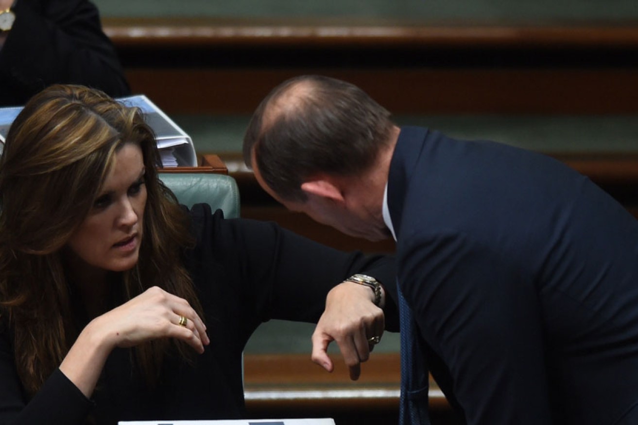 Prime Minister Tony Abbott speaking with his chief of staff Peta Credlin in Parliament in 2014.