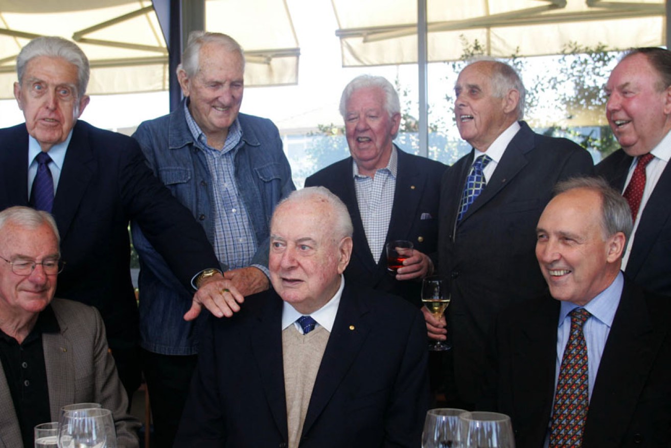 Former Labor leader Gough Whitlam (centre) poses for a photo with former members of his cabinet (L to R:) Bill Hayden (front left), Kep Enderby, Tom Uren, Joe Riordan, Les Johnson, Doug McClelland, Paul Keating (front right), during his 90th birthday party in 2006.