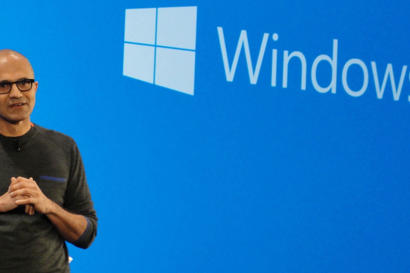 Microsoft chief executive Satya Nadella touts Windows 10 capabilities.