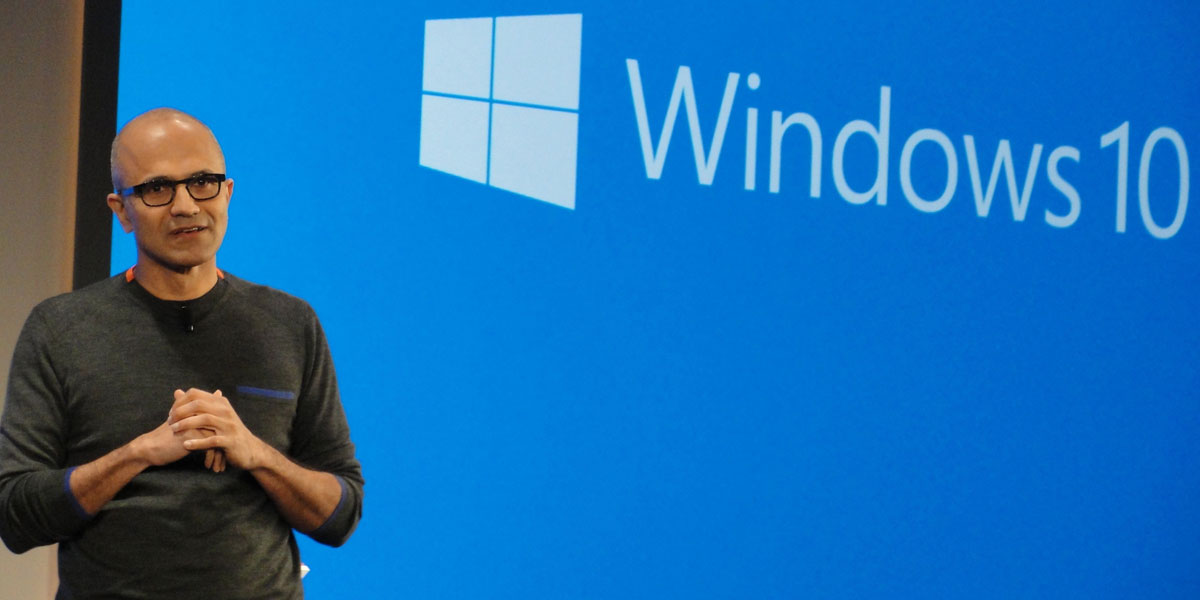 Microsoft chief executive Satya Nadella touts Windows 10 capabilities.