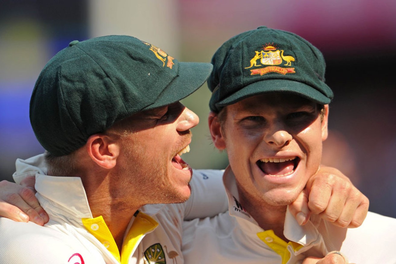 David Warner and Steve Smith celebrate the Ashes clean sweep in January 2014.