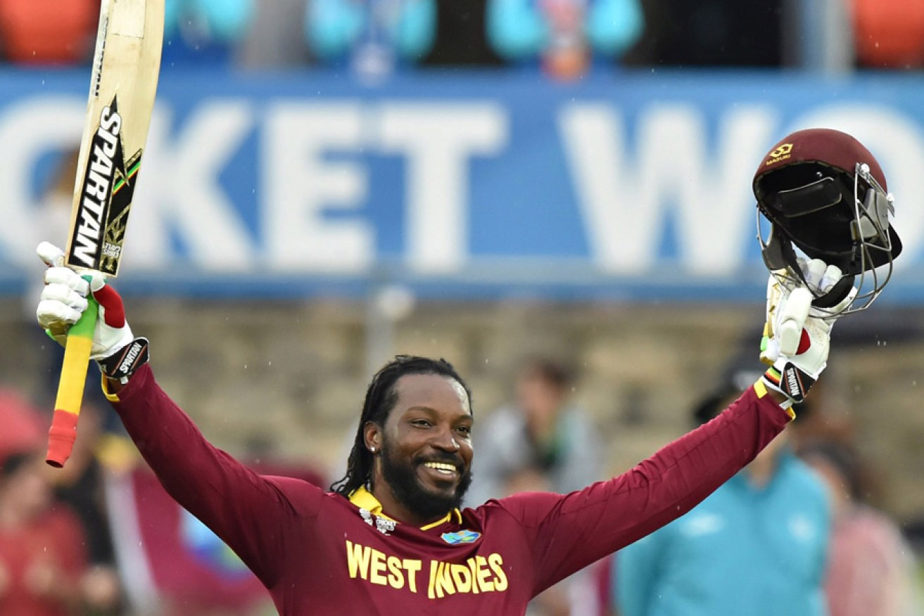 Chris Gayle celebrates a double century during the World Cup in February. Photo: AAP