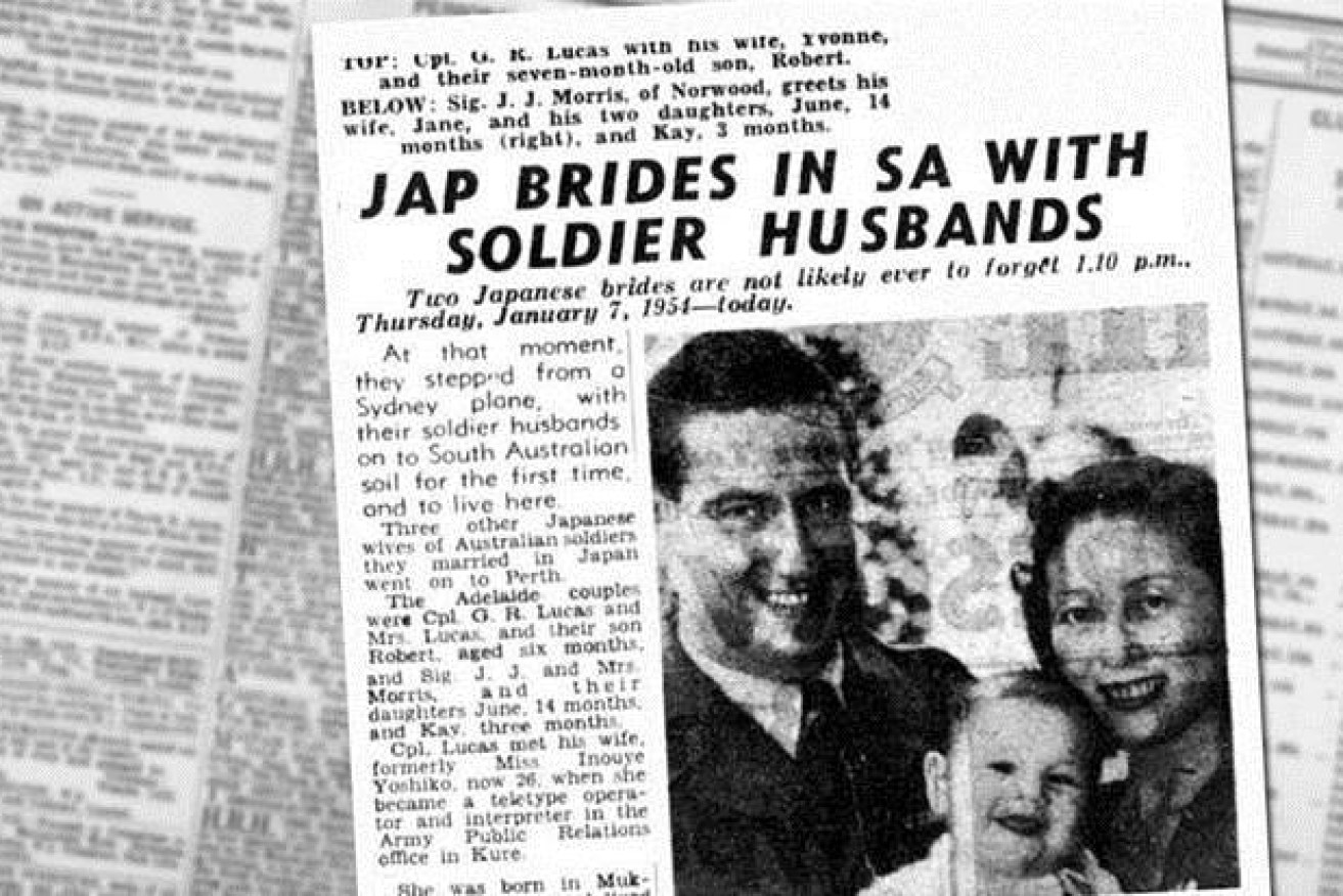 The local paper records the arrival of "war bride" Yvonne Lucas, with an infant Rob in her arms