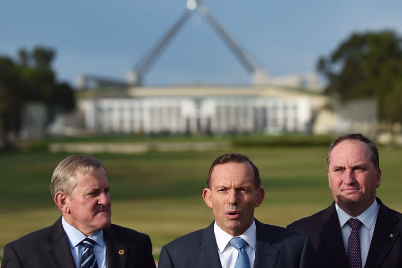 From left: Industry Minister Ian Macfarlane, Prime Minister Tony Abbott and Agriculture Minister Barnaby Joyce announcing the food labelling review in Canberra today.