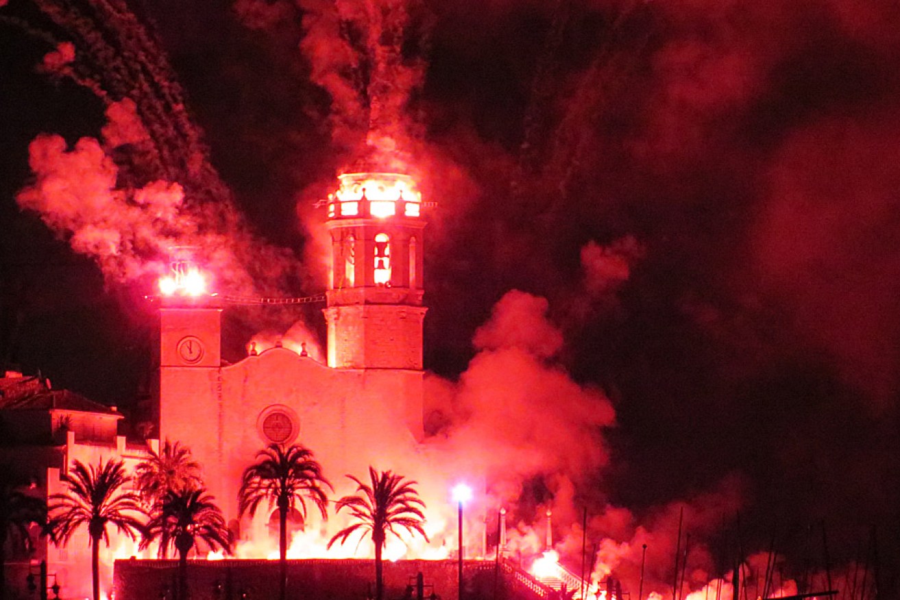 Fireworks exploding from Sitges' Sant Bartomeu Church. Photo: Suzie Keen