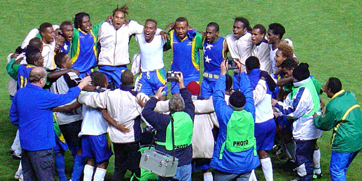 Solomon Islands players celebrate their famous 2-2 draw against Australia in 2004. Photo: Paul Marcuccitti