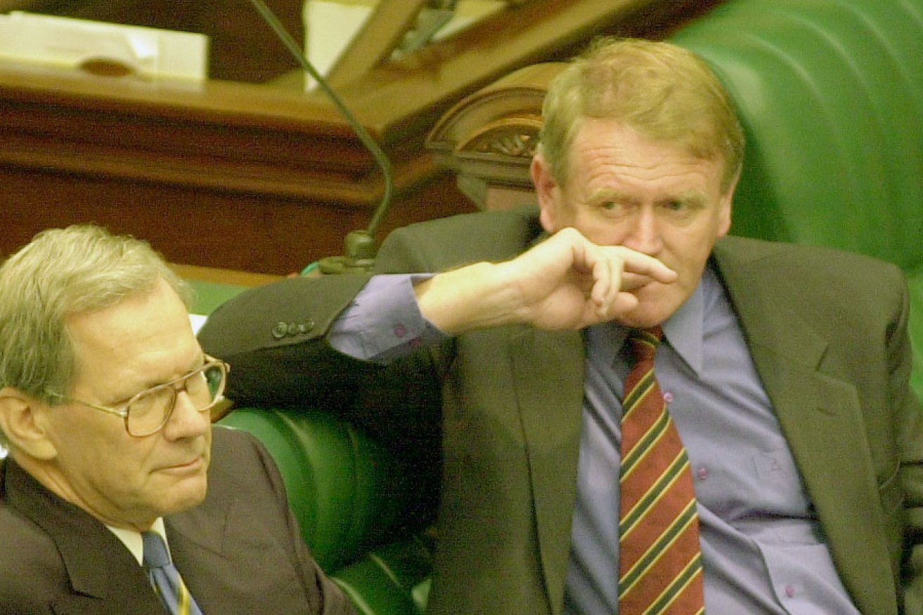Rob Kerin (right) and Dean Brown in Parliament on 5 March 2002 - Kerin's last day as Premier.