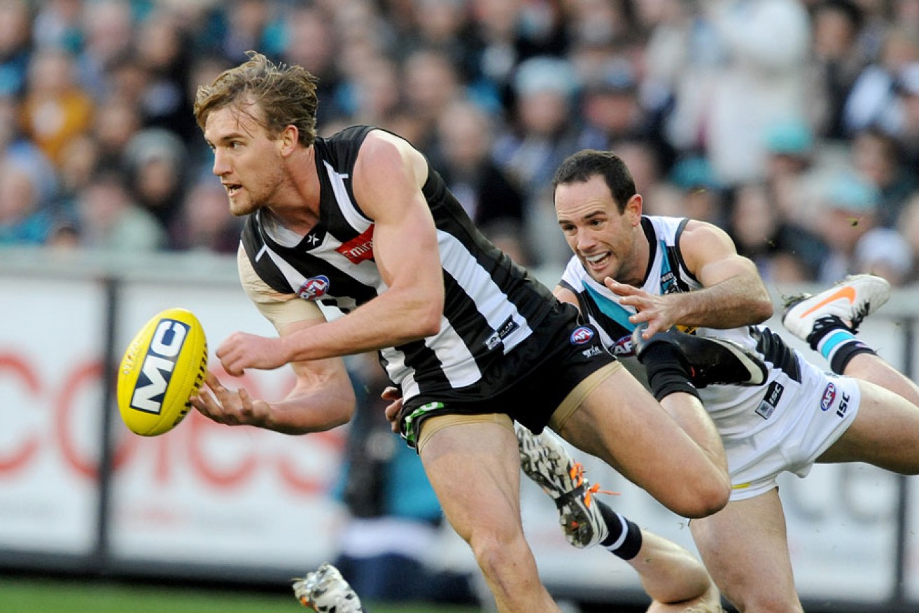 Magpie Lachlan Keeffe in action against Port Adelaide during the 2014 season. 