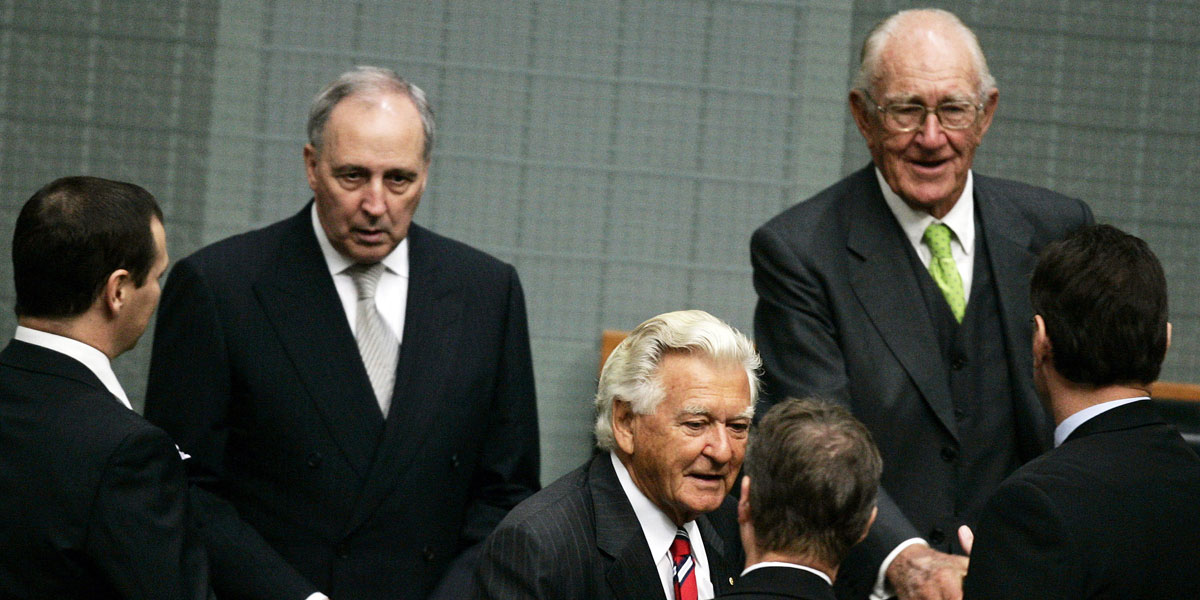 Former Australian prime ministers Paul Keating, Bob Hawk and Malcolm Fraser are seen in the chambers to hear Australian Prime Minister Kevin Rudd deliver an apology to the Aboriginal people for injustices committed over two centuries of white settlement at the Australian Parliament on February 13, 2008 in Canberra. Rudd's apology referred to the "past mistreatment" of all Aborigines, singling out the "Stolen Generations", the tens of thousands of Aboriginal children taken from their families by governments between 1910 and the early 1970s, in a bid to assimilate them into white society. AFP PHOTO / POOL