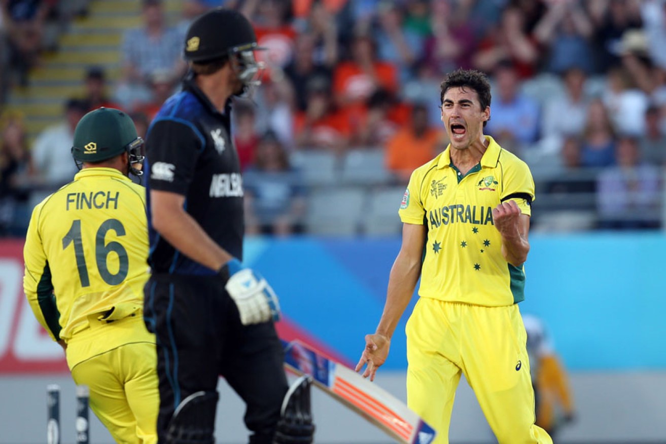 Mitchell Starc celebrates the wicket of New Zealand's Tim Southee.