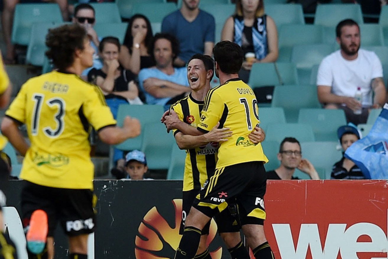 Former Adelaide United forward Nathan Burns celebrates another goal for Wellington Phoenix.