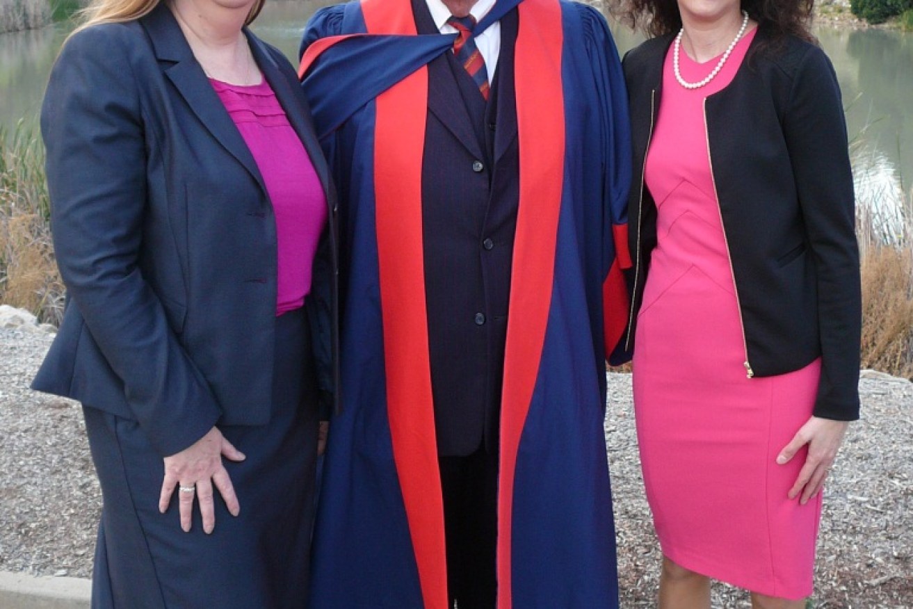 Flinders PhD graduate Roderick Essery with daughters Elaine Dalby, left, and Michelle Rodeh. Dr Essery wrote his thesis on the Cherokee Nation. 