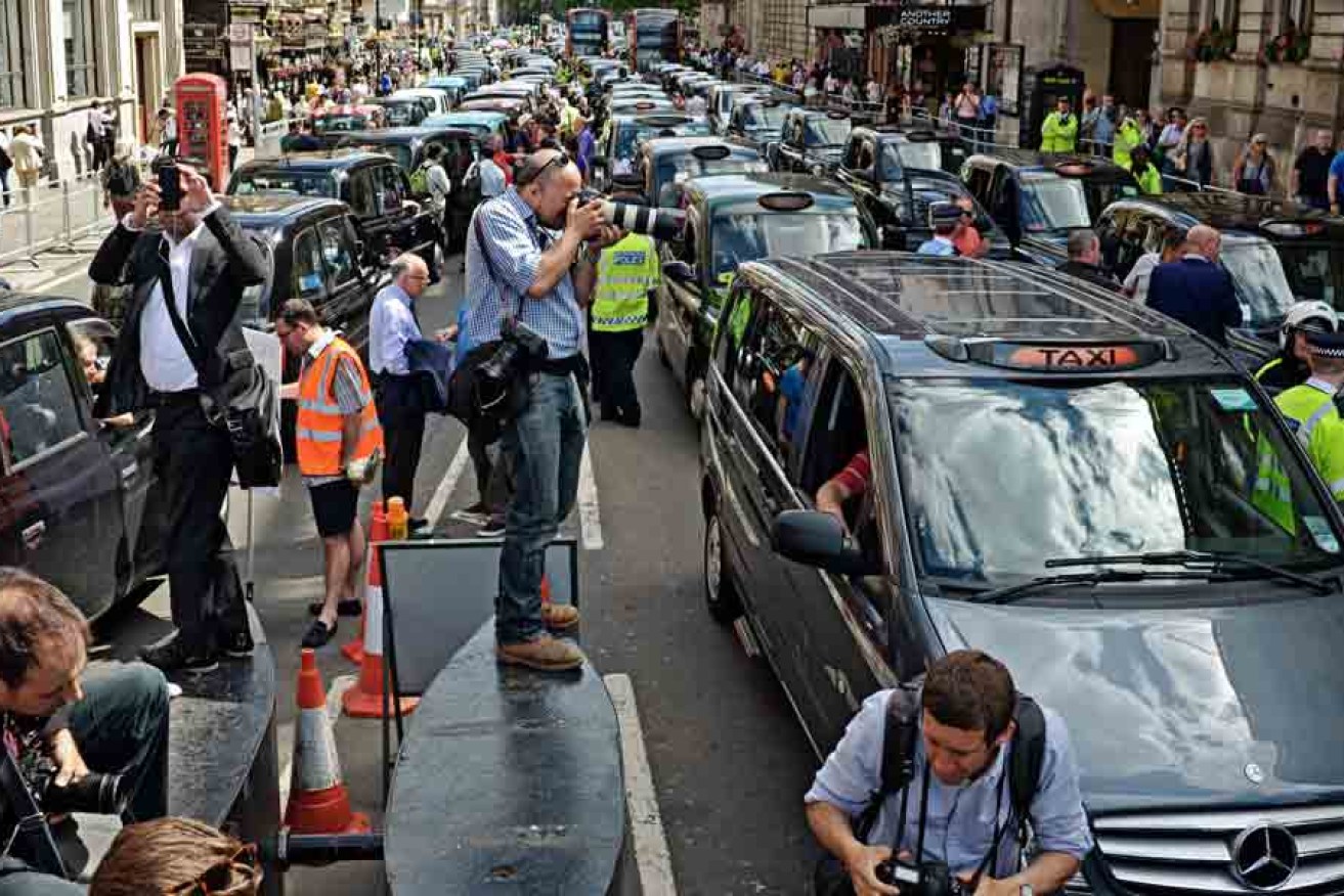 London black cabs drivers protest against Uber in 2014. 