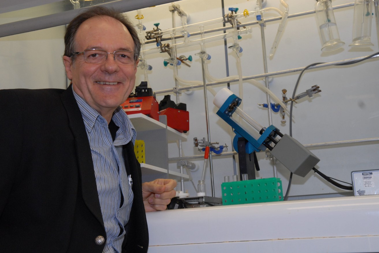 SA Premier’s Professorial Research Fellow in Clean Technology, Professor Colin Raston, with the vortex fluidic device in action at the Flinders University School of Chemical and Physical Sciences.