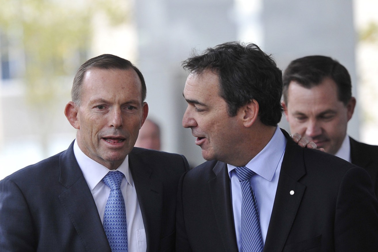 Tony Abbott and state Opposition Leader Steven Marshall arrive at a business lunch in Adelaide yesterday.