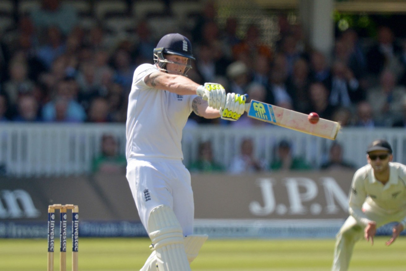 England's Ben Stokes hits a six during day one of the first Test at Lord's.
