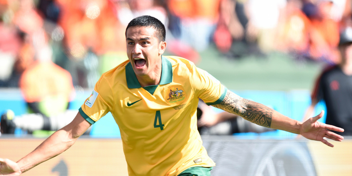 Australia's Tim Cahill celebrates a goal against the Netherlands at the 2014 World Cup. AFP photo