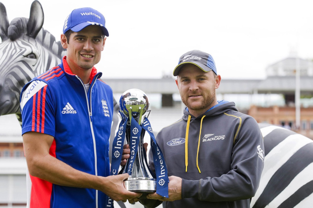 England captain Alastair Cook (left) and New Zealand captain Brendon McCullum pose for pictures with the Test series trophy at Lord's.