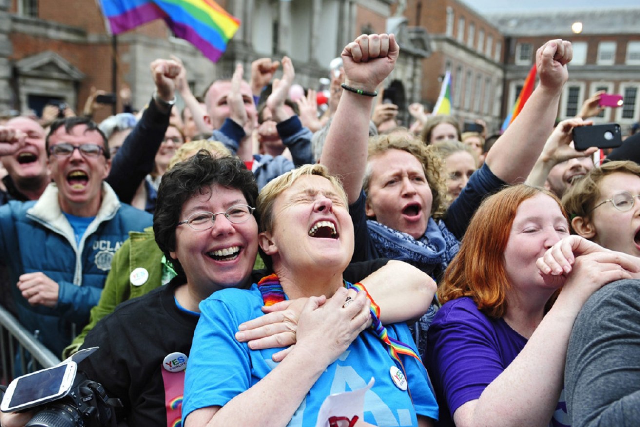 Celebrations erupt at Dublin Castle as the result of the Irish referendum on same-sex marriage is announced. 