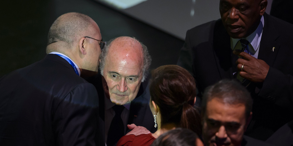 FIFA President Sepp Blatter listens to a guest after the opening ceremony of the 65th FIFA Congress in Zurich.