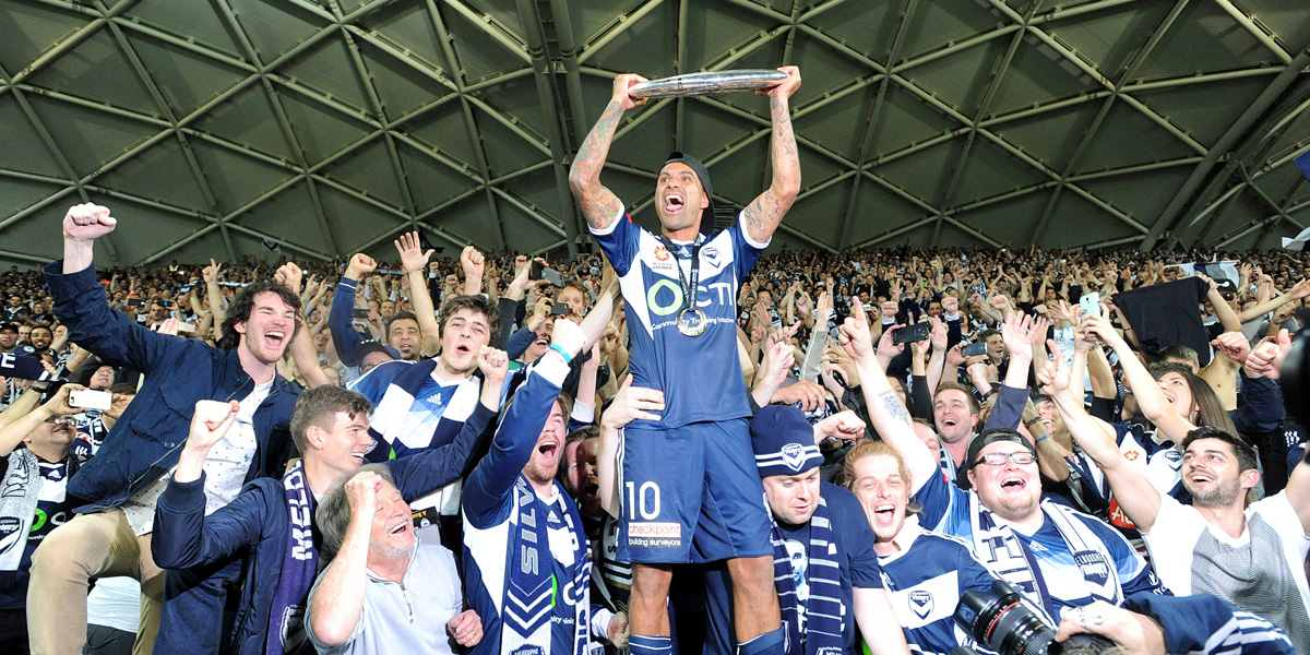 Melbourne Victory veteran Archie Thompson celebrates with fans. AAP photo 