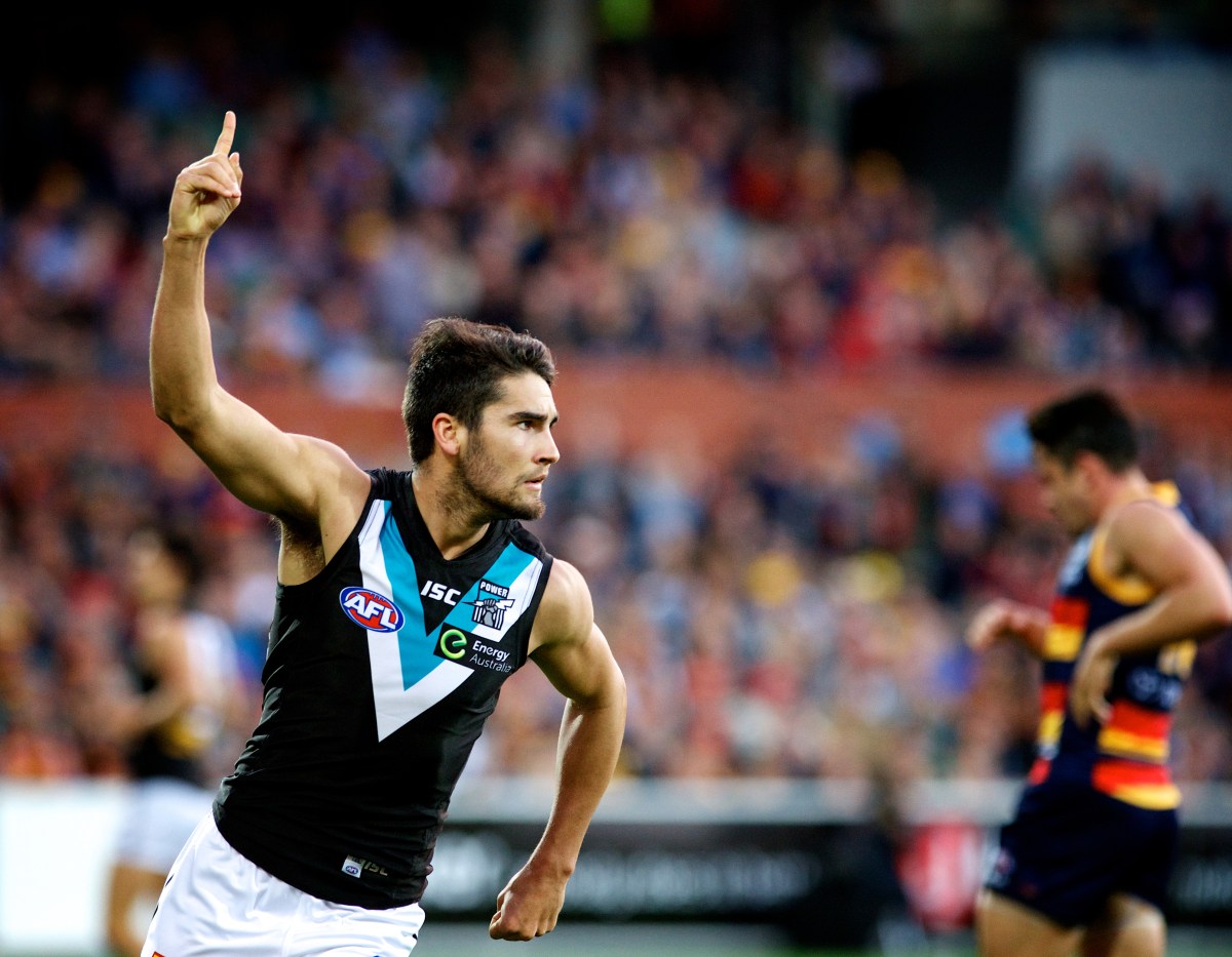 Port Adelaide's Chad Winged celebrates a knife through Crow hearts. Photo: Michael Errey/InDaily