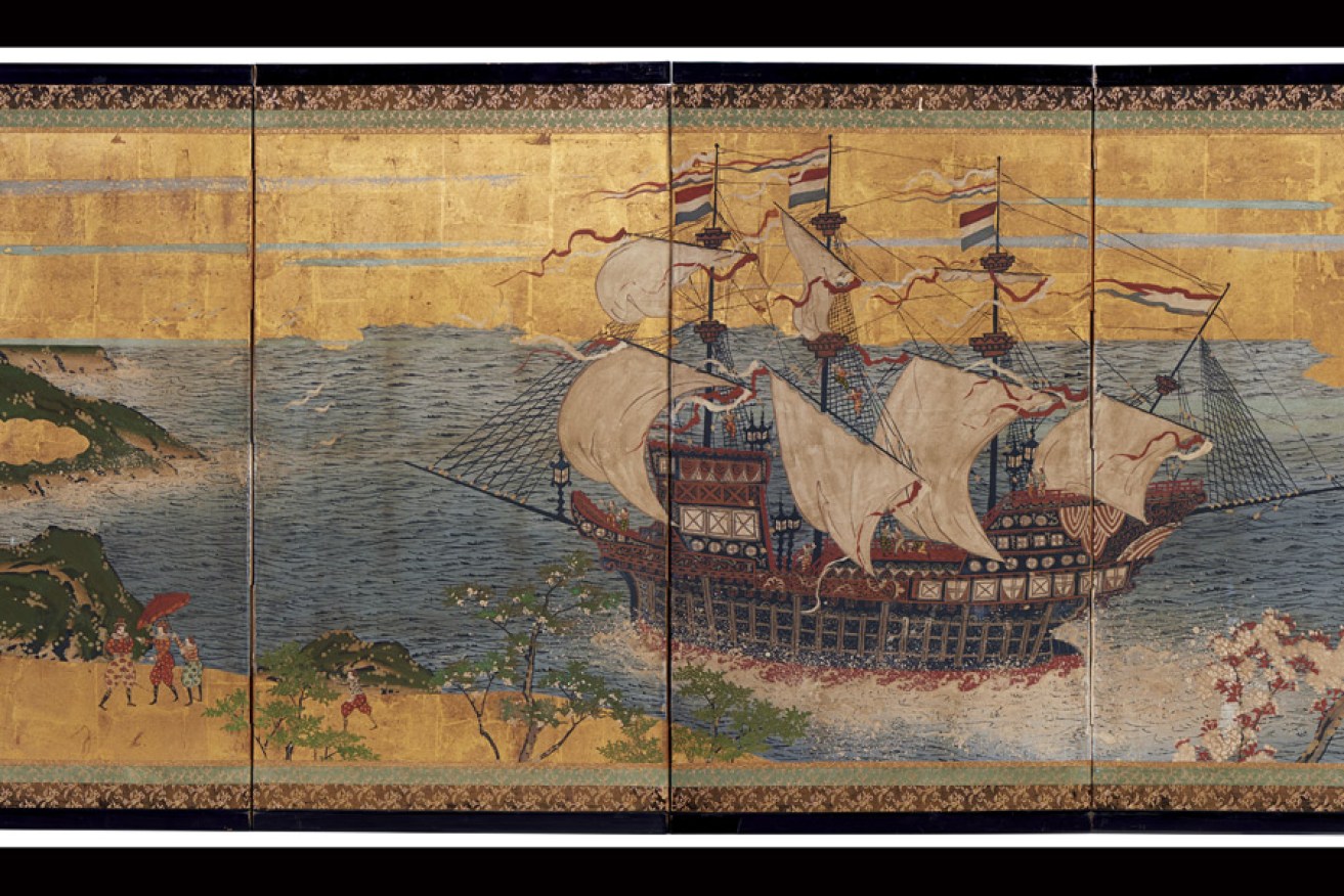 Japan, Dutch trading ship in Japanese waters, c.1870, four-panel screen, opaque watercolour, ink and gold on paper, 67.5 x 138.0 x 11.0 cm; Kerry Stokes Collection, Perth.