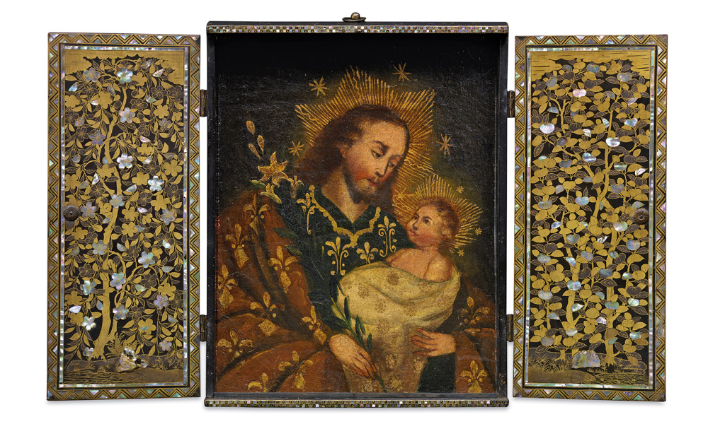 Japan, Portable altarpiece, with devotional image, late 16th–early 17th centuries, wood, urushi lacquer, gold lacquer, mother-of-pearl and gilt copper (fittings), pigment on wood (painting), 37.5 x 29.2 x 5.1 cm; Museu do Oriente/Fundação Oriente, Lisbon, Portugal/
