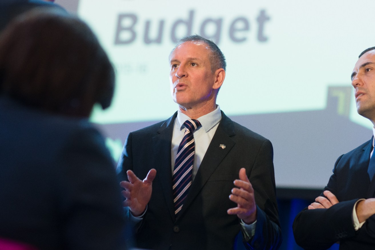 Premier Jay Weatherill (left) and Treasurer Tom Koutsantonis discussing today's Budget. Photo: Nat Rogers/InDaily