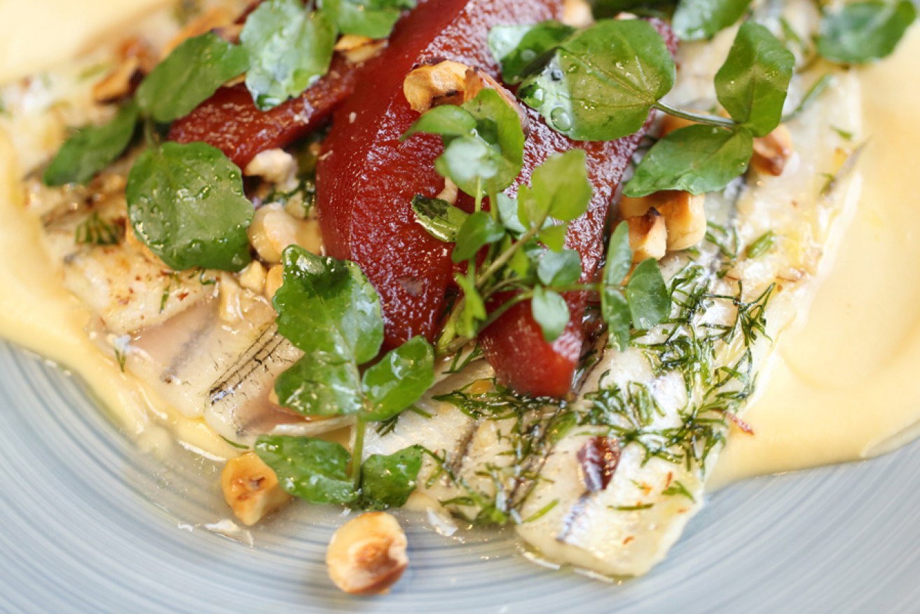 Garfish with celeriac and quince. Photo: Tony Lewis