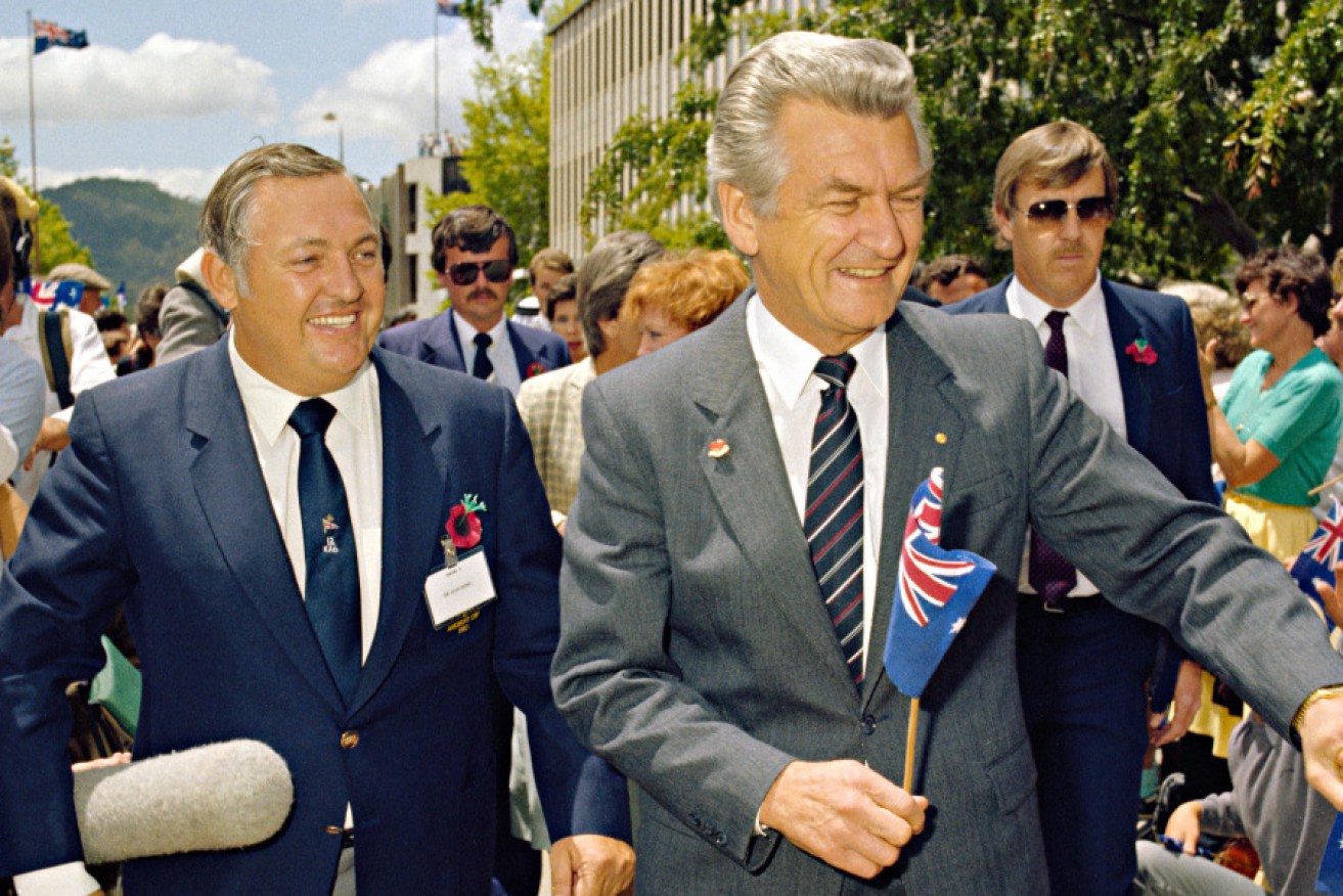 Alan Bond with Prime Minister Bob Hawke at a reception to congratulate the crew of Australia II in Canberra, 1983. 