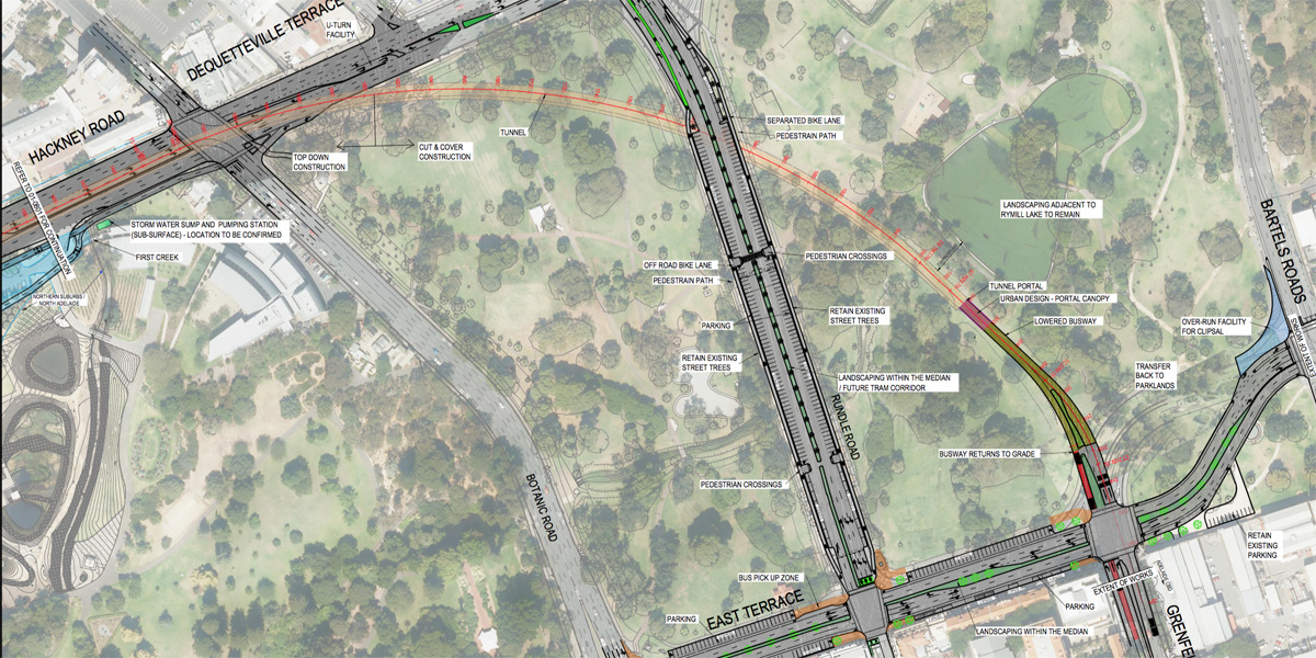 The Government's latest O-Bahn plan, showing the tunnel sweeping through Rymill Park. See the previous plan below.