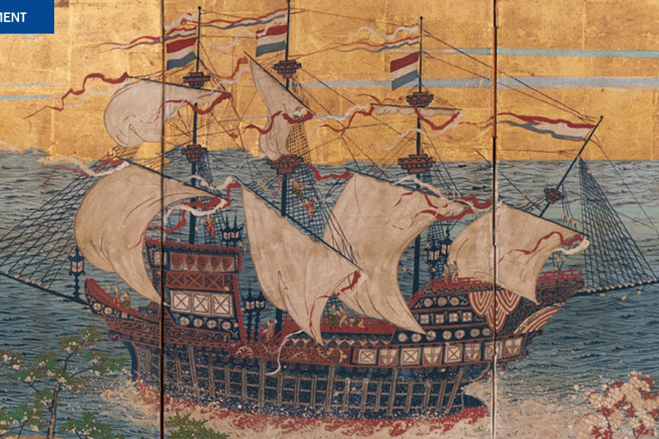 Japan, Dutch trading ship in Japanese waters, c.1870 four-panel screen, opaque watercolour, ink and gold on paper, 67.5 x 138.0 x 11.0 cm, Kerry Stokes Collection, Perth 2006.004 