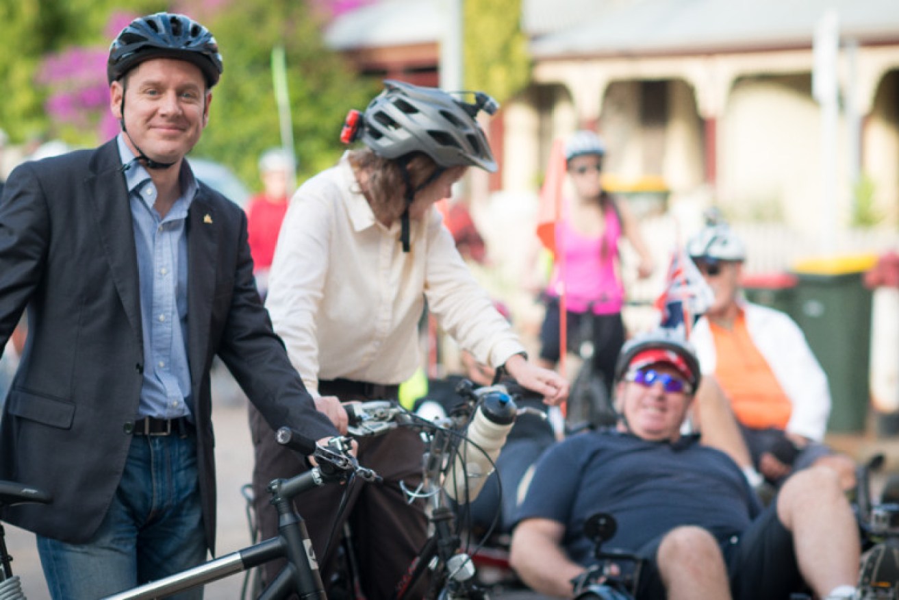 Former Lord Mayor Stephen Yarwood at the opening of the redeveloped Frome Street Bikeway last year. Photo: Nat Rogers / InDaily