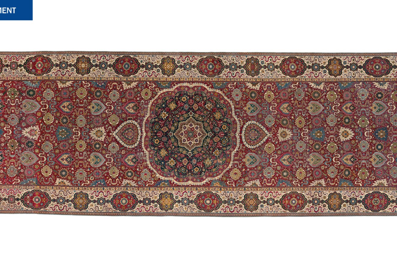 India–Spain, Trinitarias carpet, early–mid-17th century, northern India, found in Madrid, Spain, wool pile, cotton warp and weft, 1044.0 x 336.5 cm; Felton Bequest 1959, National Gallery of Victoria, Melbourne , NGV 91–D5