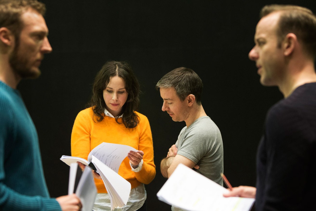 Nathan O'Keefe, Alison Bell, Geordie Brookman and Mark Saturno in rehearsal for the State Theatre Company production of Betrayal. Photo: Shane Reid
