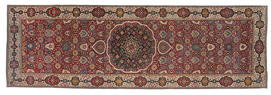 India–Spain, Trinitarias carpet, early–mid-17th century, northern India, found in Madrid, Spain, wool pile, cotton warp and weft, 1044.0 x 336.5 cm; Felton Bequest 1959, National Gallery of Victoria, Melbourne , NGV 91–D5