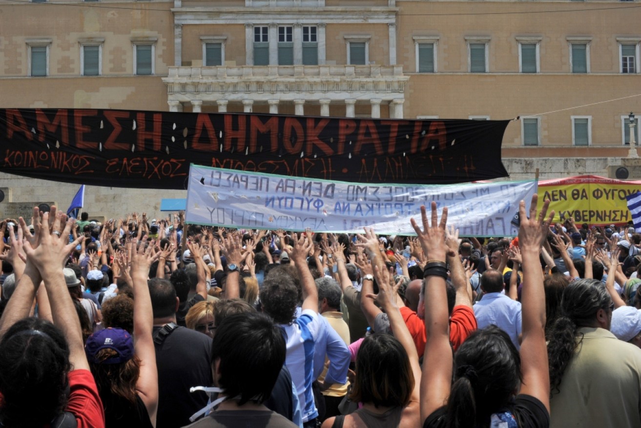 Greek protesters. Photo: By Ggia (Own work) [CC BY-SA 3.0 (http://creativecommons.org/licenses/by-sa/3.0)], via Wikimedia Commons