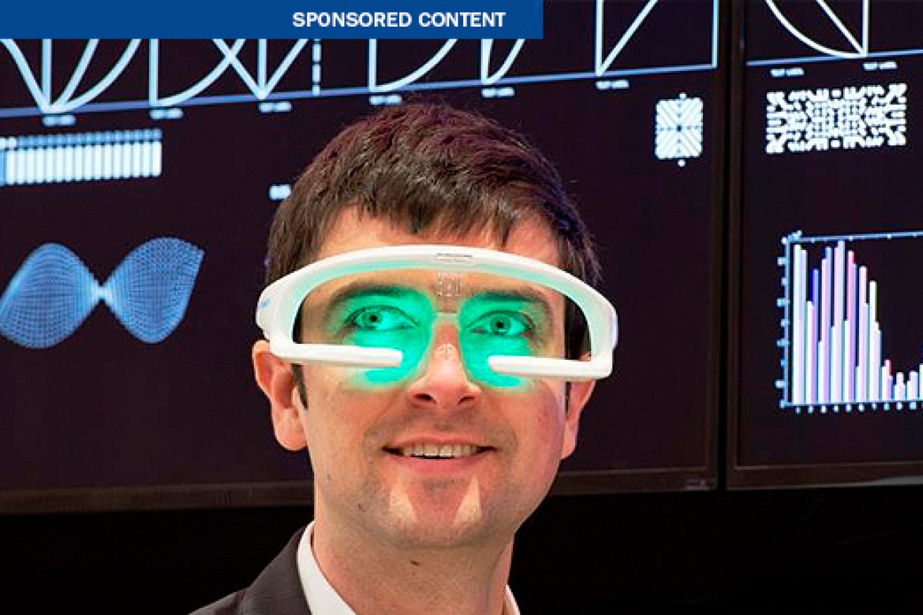Re-Timer managing director Ben Olsen demonstrates the UV glasses at Flinders University’s Tonsley facility.