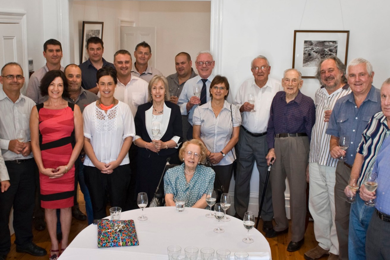 Thelma Schubert, center, with the innermost of the Penfolds winemaking and management team, past and present, at Dr Ray Beckwith's 100th birthday lunch, Kalimna Homestead, Barossa, February 2012. Photo: Richard Humphrys